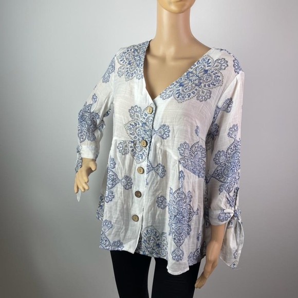 Blue and White Floral Paisley Embroidered V-neck Button Front Ruffle Blo… - Picture 1 of 6